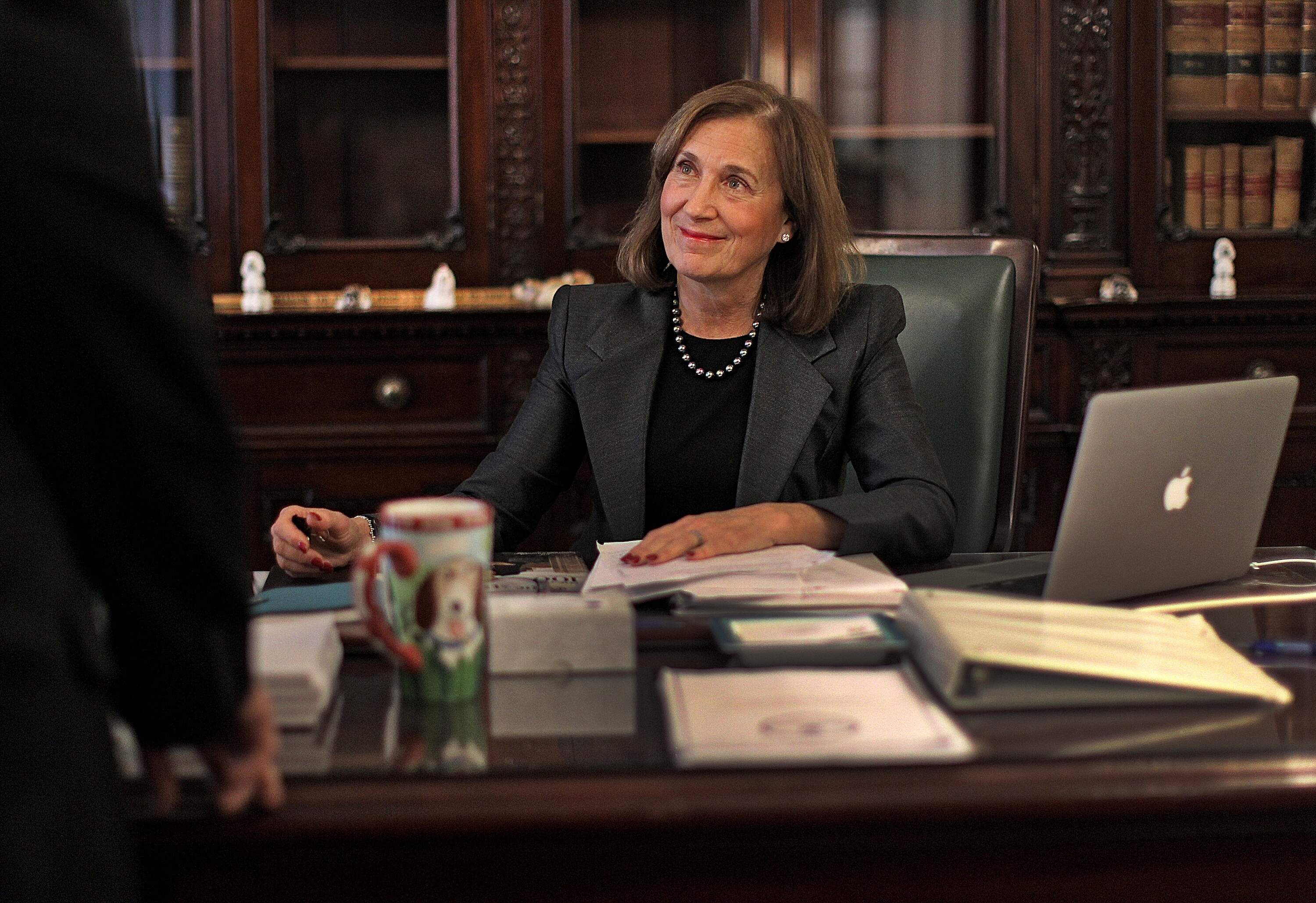 Treasurer Deb Goldberg is photographed in her State House office in 2015. (Suzanne Kreiter/The Boston Globe via Getty Images)