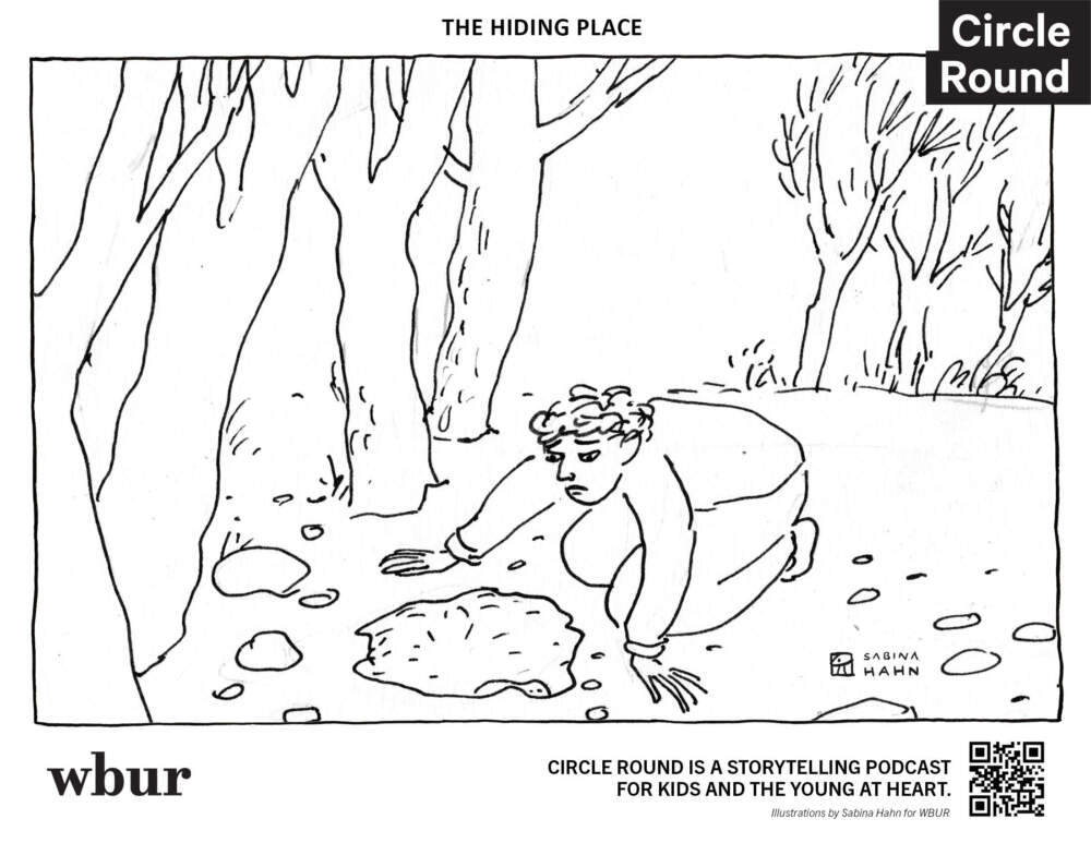 A man buries gold in the ground. (Sabina Hahn for WBUR)