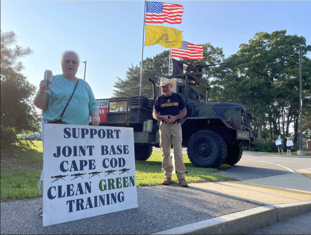 Debbie Aguiar shows her support for the proposed machine gun range outside Falmouth High School in August, 2021. (Eve Zuckoff/CAI)