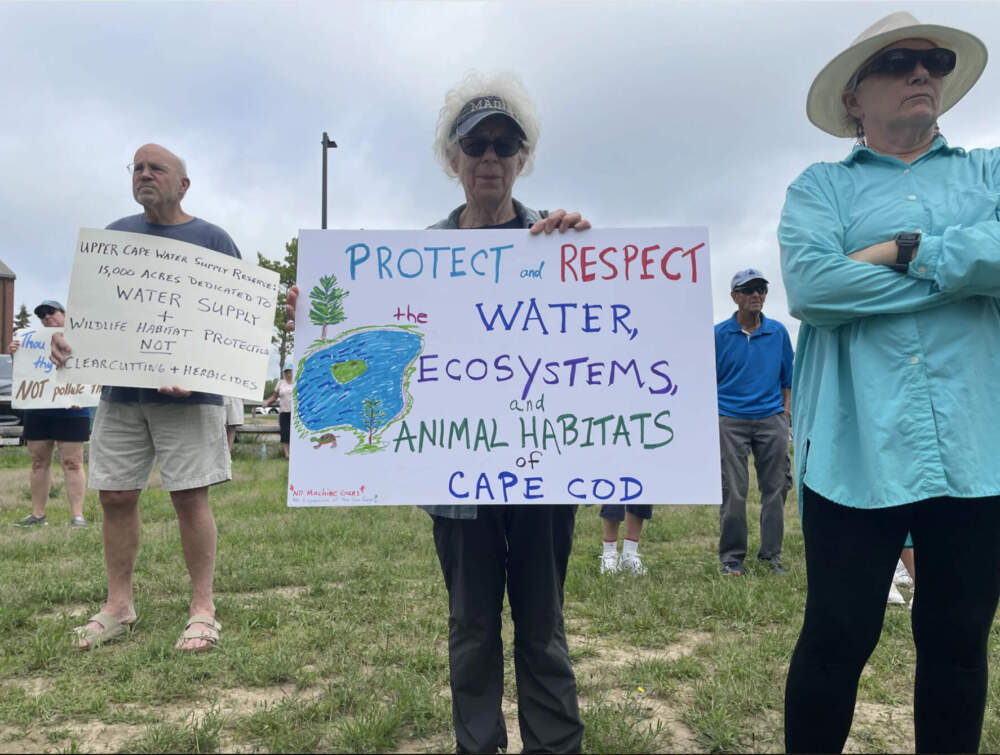 In June 2021, more than 150 people opposed to the Massachusetts Army National Guard’s plan to build a machine gun range gathered outside Sandwich's Forestdale School, which would have been in earshot of the range. (Eve Zuckoff/CAI)