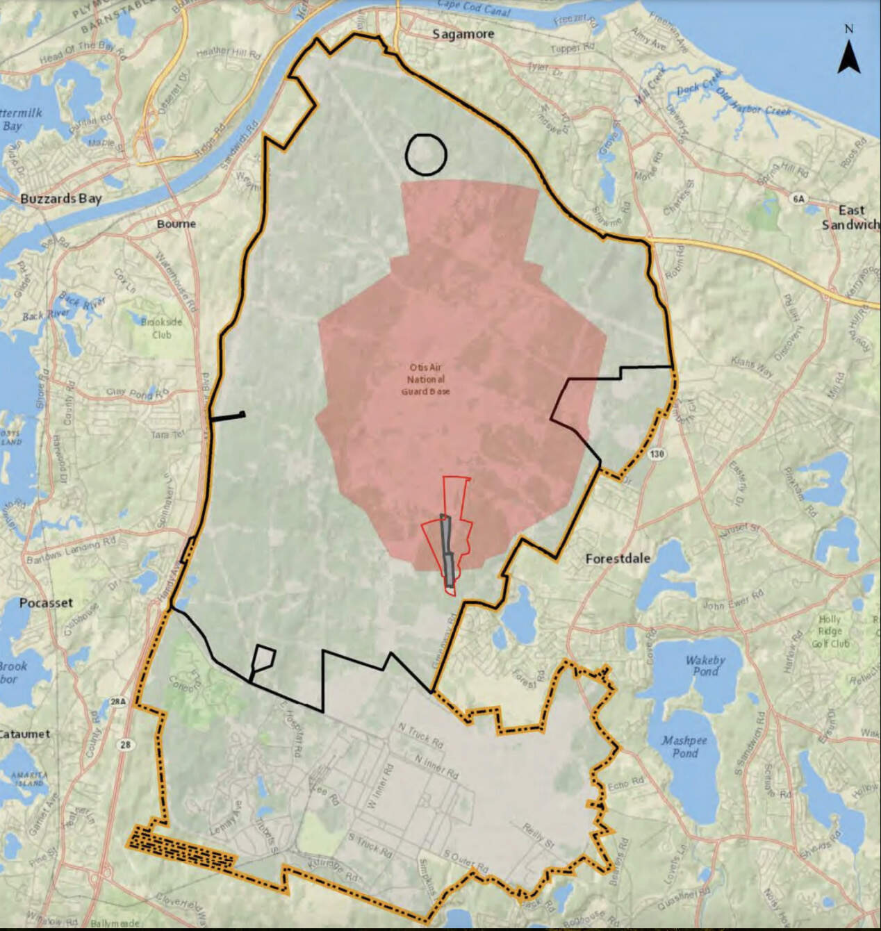 The red outline on this map of Camp Edwards shows where the Army National Guard is proposing an eight-lane machine gun range. The surface danger zone, where projectiles could land, is highlighted in pink. (Courtesy Massachusetts National Guard)