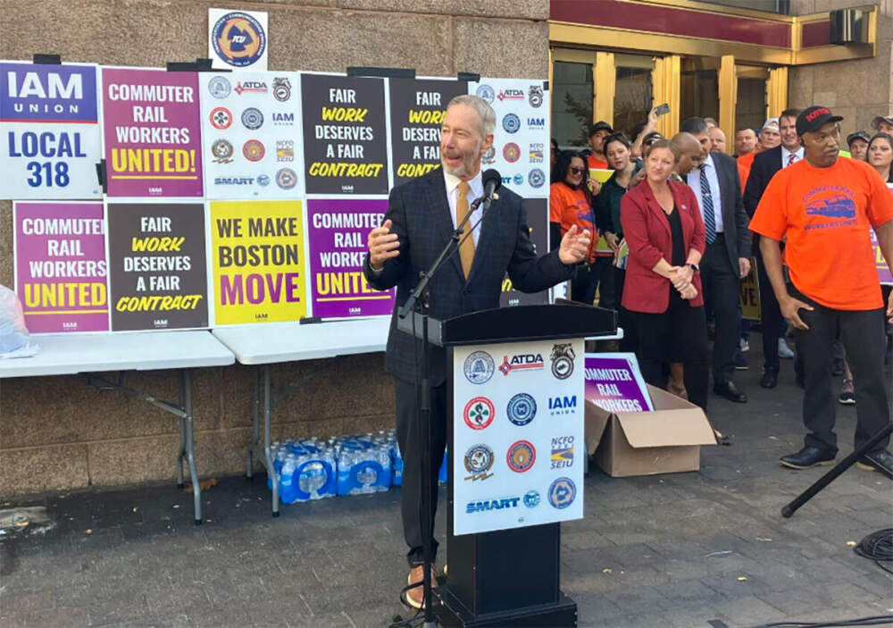 U.S. Rep. Stephen Lynch speaks outside South Station on Wednesday in support of commuter rail workers seeking a new contract. (Alison Kuznitz/SHNS)