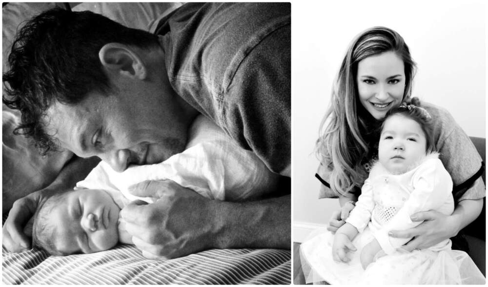 Left: Author's husband Miguel with newborn Adelaide (courtesy of Kelly Cervantes). Right: The author with Adelaide at her third birthday party, about a year before her death. (Photo by Laurie Sapio/Courtesy of Kelly Cervantes)