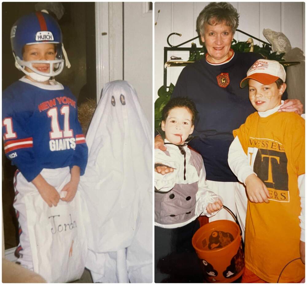 The author dresses as a soccer player, with his little brother in 1994 (left) and as a soccer fan, with his grandmother and little brother in 1996 (right). (Courtesy of Raleigh McCool)