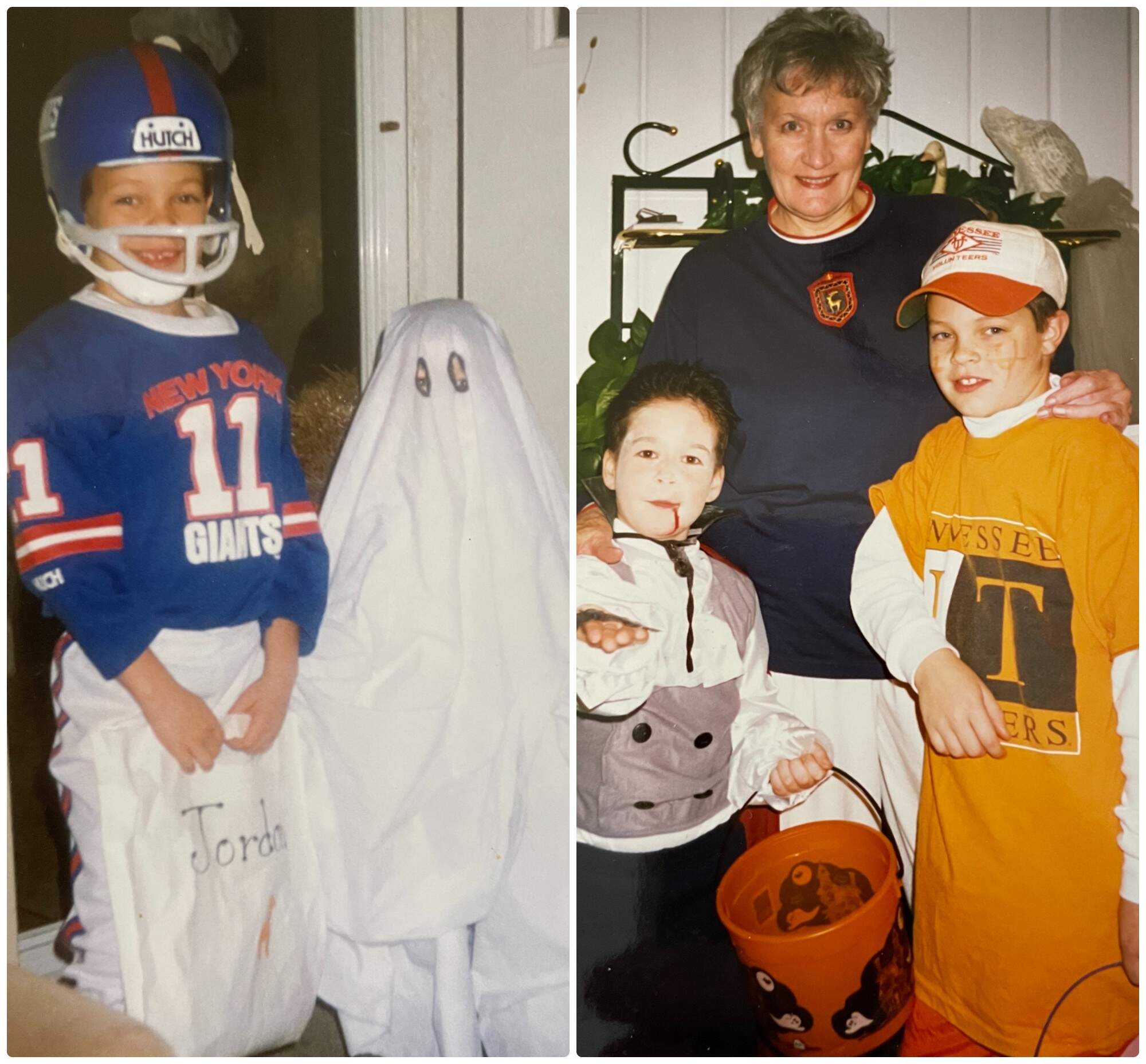 The author dresses as a football player, with his little brother in 1994 (left) and as a football fan, with his grandmother and little brother in 1996 (right). (Courtesy Raleigh McCool)