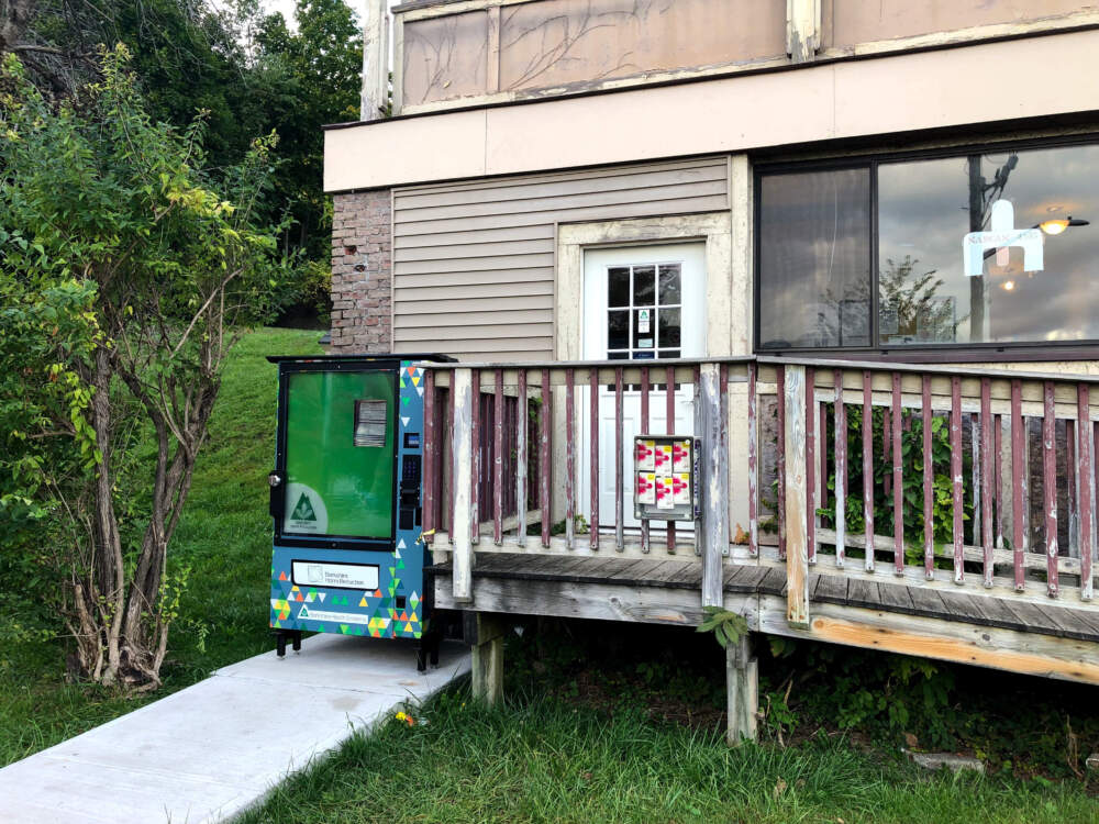 A vending machine outside the Berkshire Harm Reduction Center in North Adams, Massachusetts. (Martha Bebinger/WBUR)