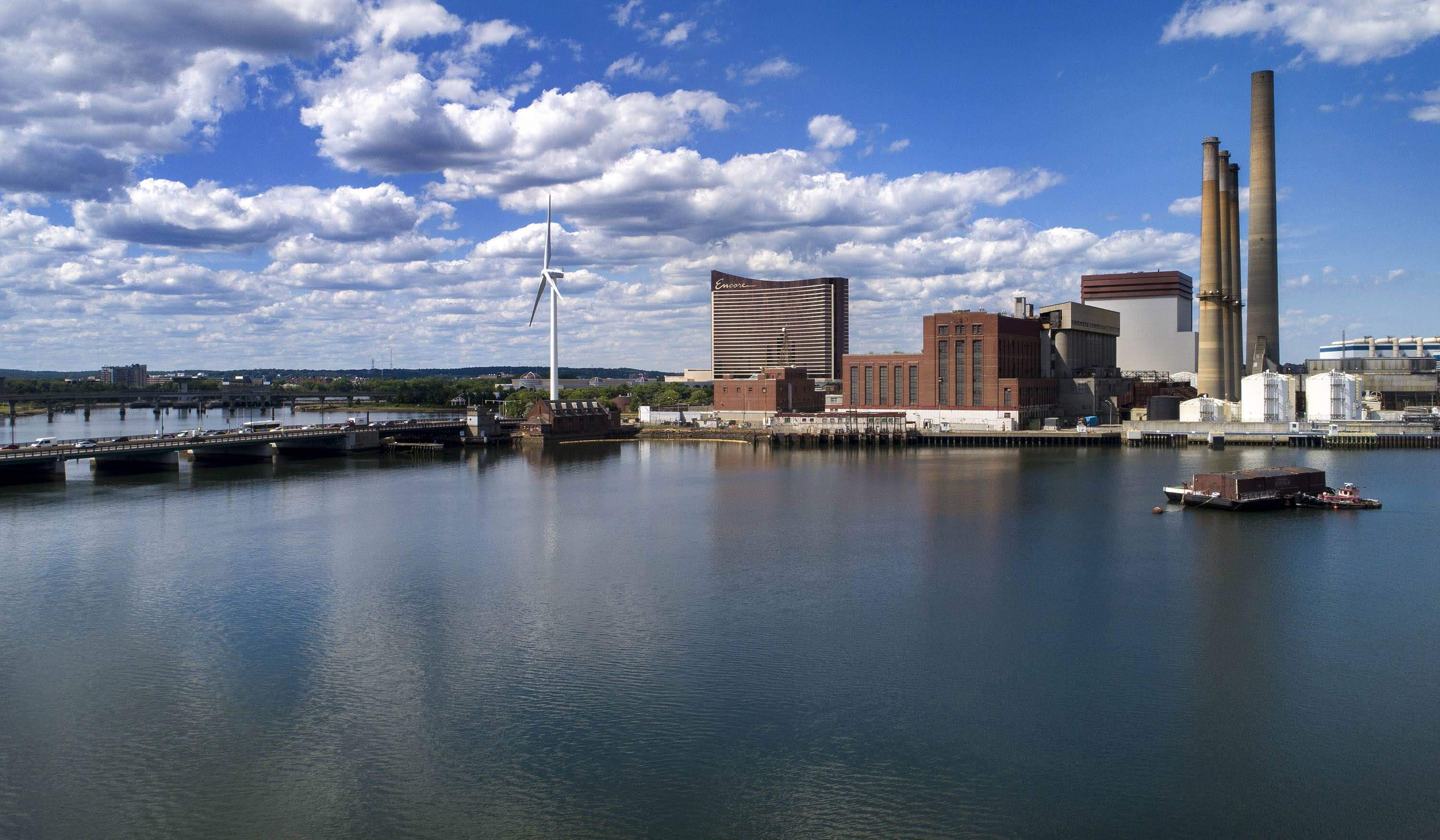 The site of a proposed professional soccer stadium on the banks of the Mystic River in Everett, Mass. (Robin Lubbock/WBUR)