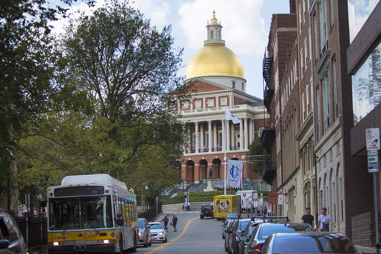 A view of the Massachusetts State House from the corner of Tremont and Park Streets. (Jesse Costa/WBUR)