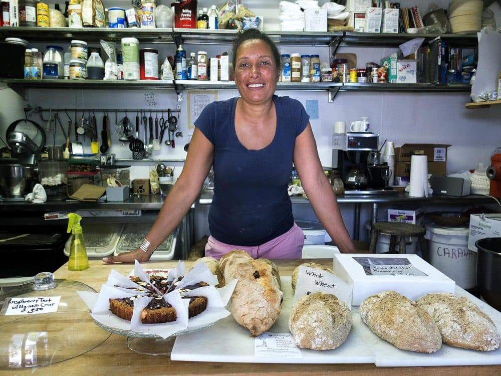 Owner Juli Vanderhoop at Orange Peel Bakery in Aquinnah, Mass. in 2016. (Andrea Shea/WBUR)