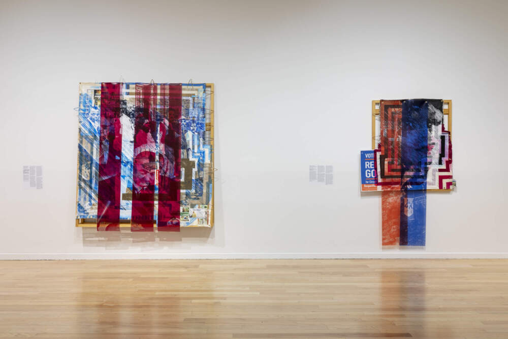"Time and Space (1948 End of Voter Registration Line)(1965 LBJ Signs the Voting Rights Act)" is on the left. (Courtesy of the artist, Pilar Corrias Gallery and Tufts University Art Galleries. Photo by Mel Taing.) "A Pnyx for Crystal Mason in Fort Worth, TX" is on the right. (Courtesy of the artist, Night Gallery and Tufts University Art Galleries. Photo by Mel Taing.)