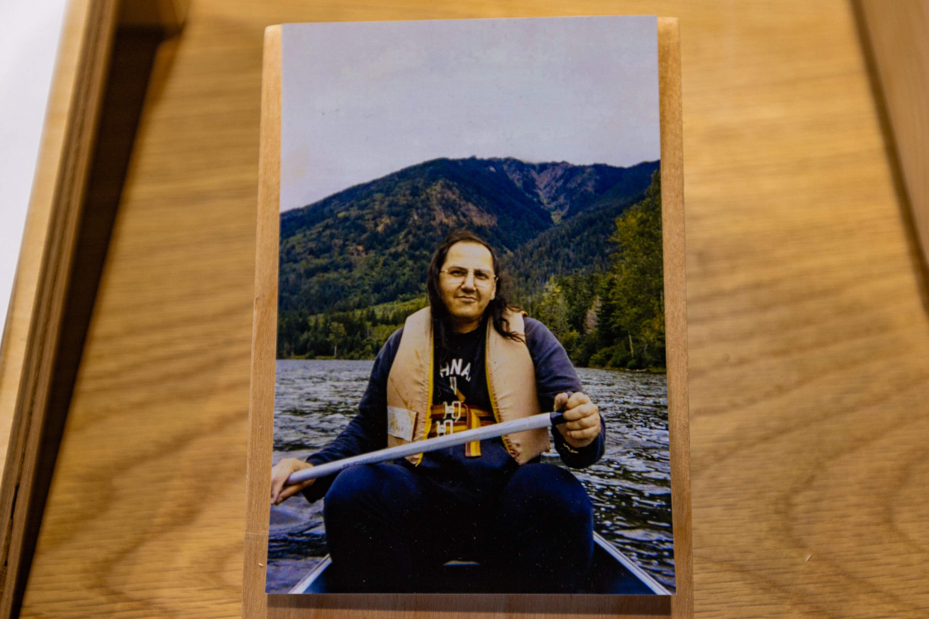 A photograph of Albert McLeod canoeing at the 2nd National Aboriginal AIDS Conference in Vancouver, 1991. (Jesse Costa/WBUR)