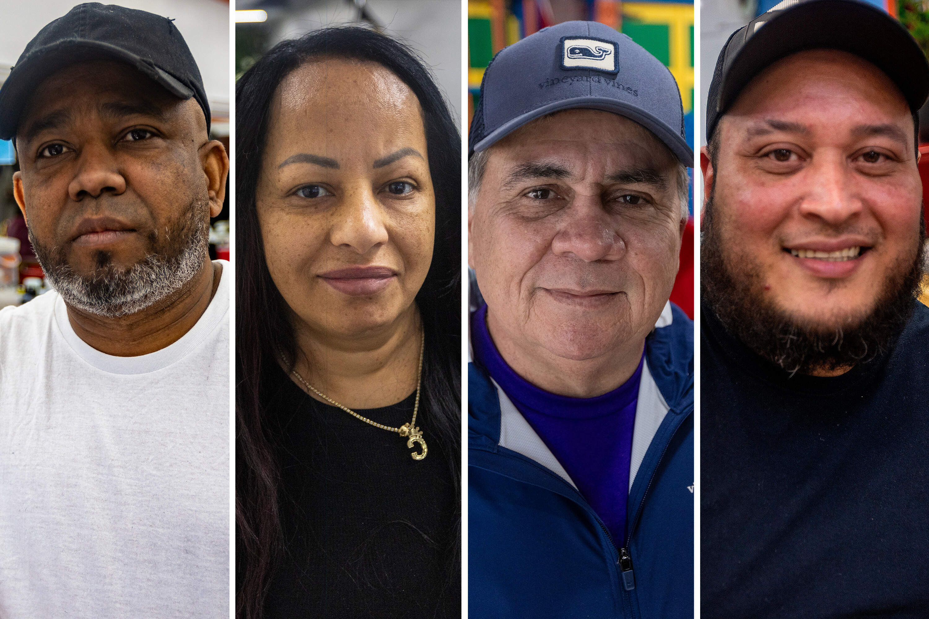 From left, Lawrence residents Henry Reynoso, Carmen Báez, Larry Villalobos and Pedro Julio Bastardo. (Jesse Costa/WBUR)