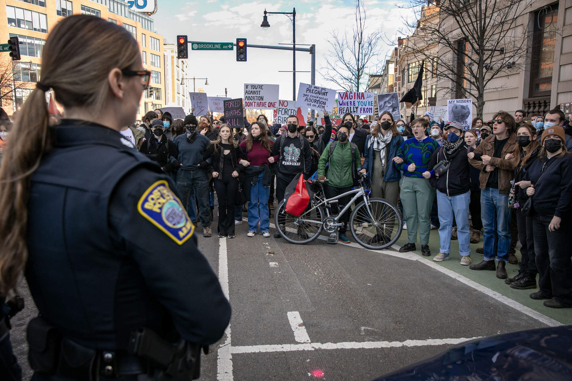 Counterprotesters block the route of anti-abortion demonstrators at Kenmore Square. (Robin Lubbock/WBUR)