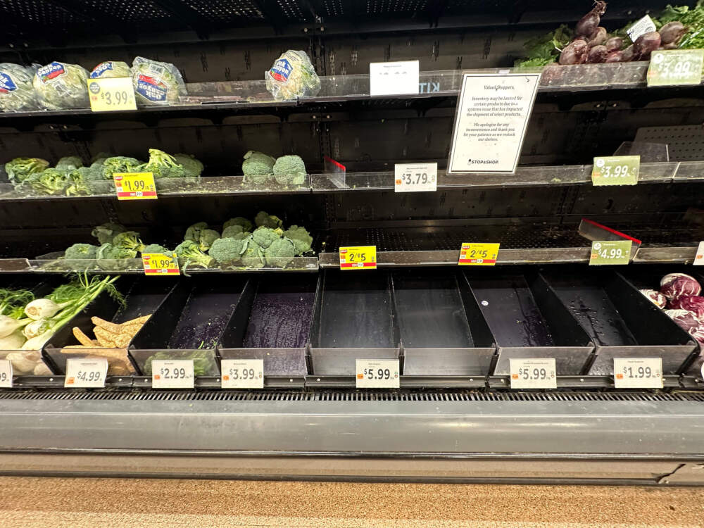 Shelves and bins were empty in the produce department at Stop & Shop in Somerville earlier this week, due to what the store claims is a systems issue which is impacting shipments of certain products. (Jesse Costa/WBUR)