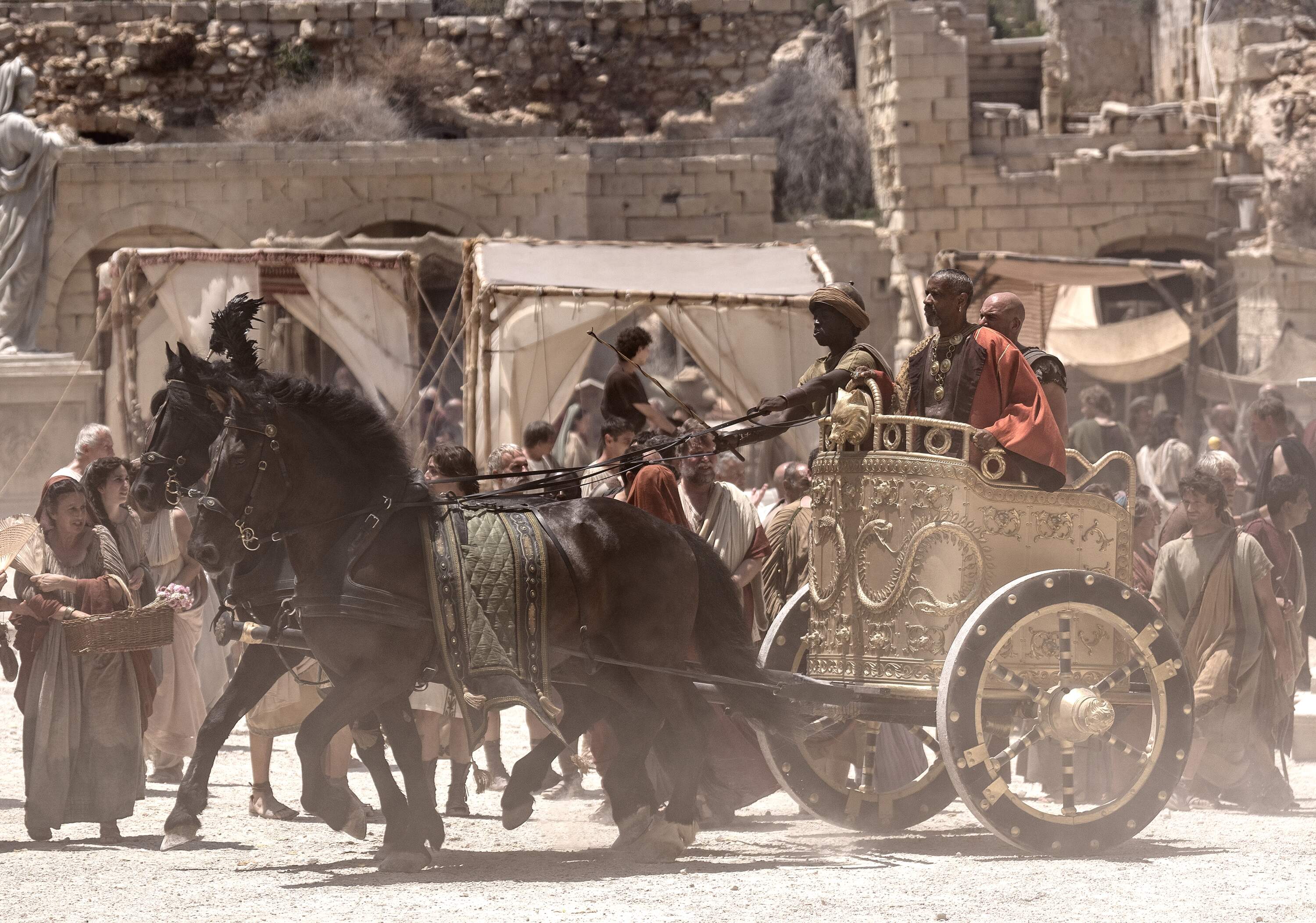 Denzel Washington and Lior Raz in "Gladiator II." (Courtesy Aidan Monaghan/Paramount Pictures)