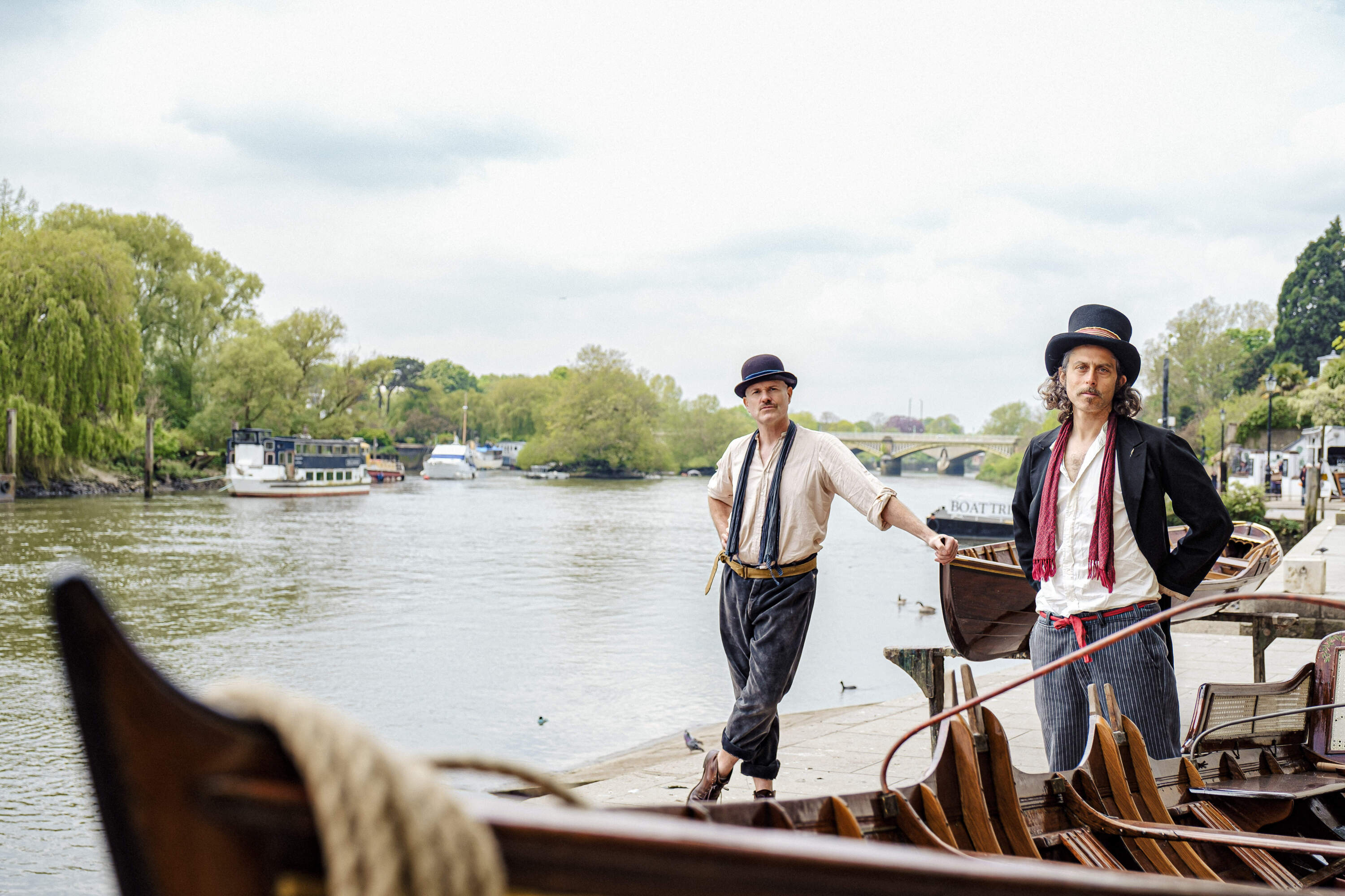 The musicians wear dilapidated Victorian-era costumes to evoke the late 18th and early 19th century setting of their podcast. (Courtesy of the sons of the town hall)