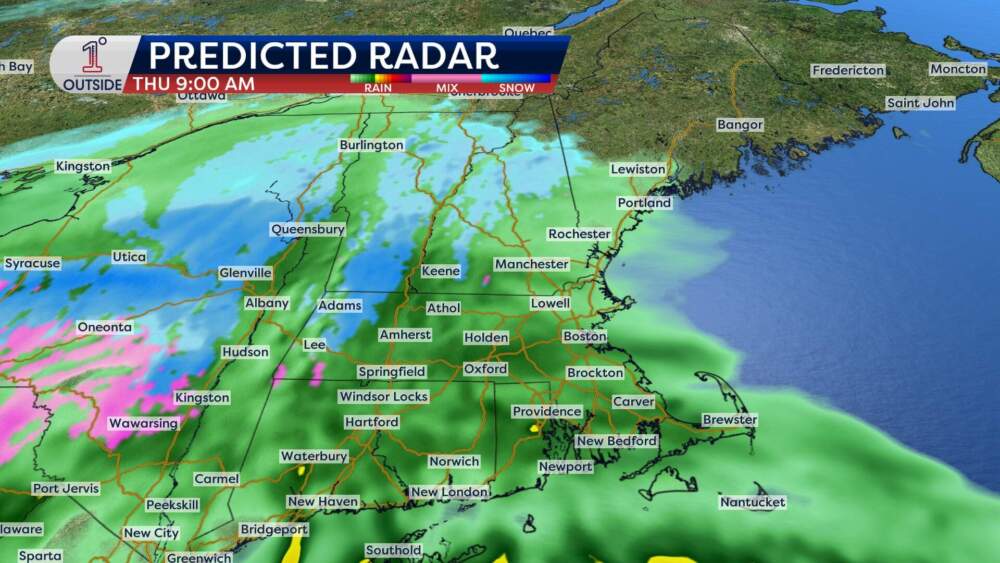 Snow projections for across southern New England Thursday morning. (Danielle Noyes/1°Outside)