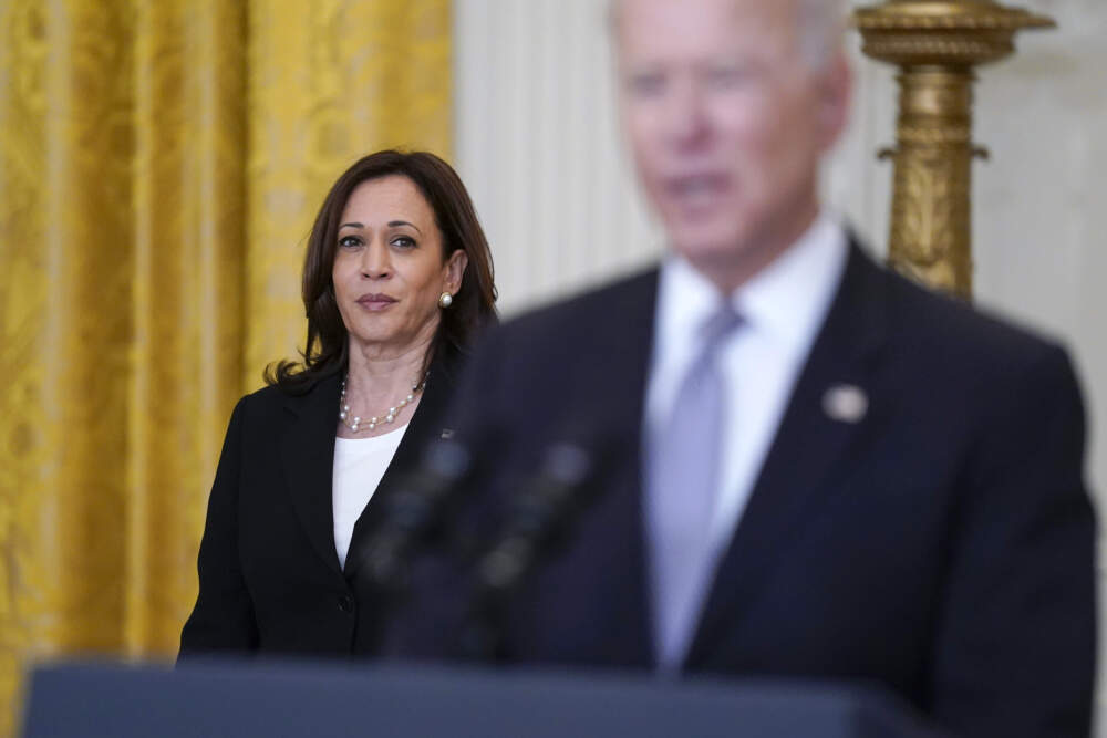 Vice President Kamala Harris listens as President Joe Biden speaks on May 17, 2021, in Washington, D.C. (Evan Vucci/AP)