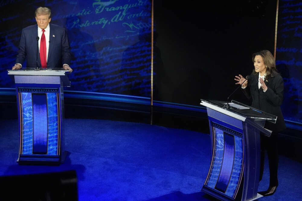Republican presidential nominee former President Donald Trump watches as Democratic presidential nominee Vice President Kamala Harris speaks during an ABC News presidential debate on Sept. 10, 2024, in Philadelphia. (Alex Brandon/AP)