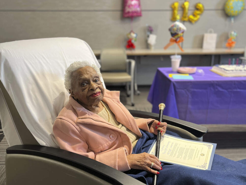Herlda Senhouse at her 113th birthday celebration on Feb. 28, 2024, in Wellsley, Mass. (Stephanie Hawkinson/Town of Wellsley via AP)