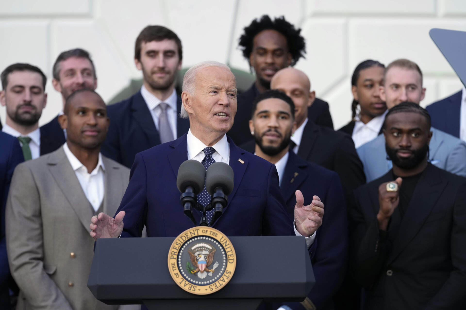 President Joe Biden, center, speaks during an event to welcome the Boston Celtics and celebrate their victory in the 2024 NBA Championship. (Susan Walsh/AP)