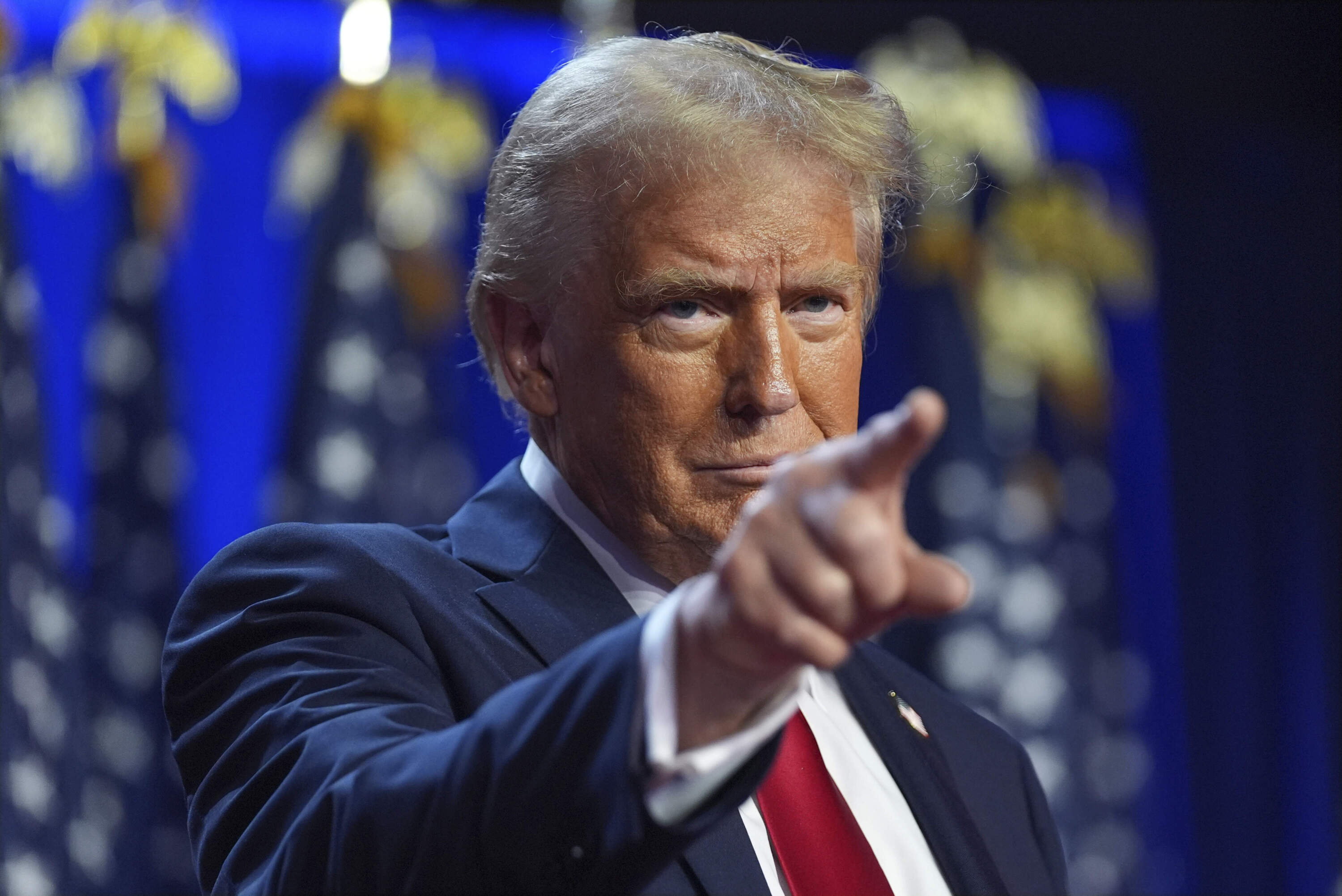 Then-nominee former President Donald Trump arrives at an election night watch party at the Palm Beach Convention Center, Wednesday, Nov. 6, 2024, in West Palm Beach, Fla. (Evan Vucci/AP)