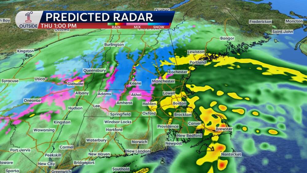 Snow and rain projections for across southern New England Thursday afternoon. (Danielle Noyes/1°Outside)