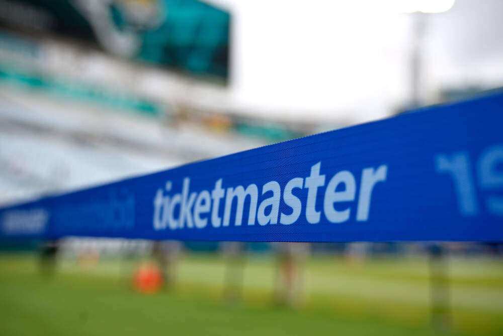 An advertisement for Ticketmaster on the sideline of the field before an NFL football game in Jacksonville, Fla. (Phelan M. Ebenhack/AP)