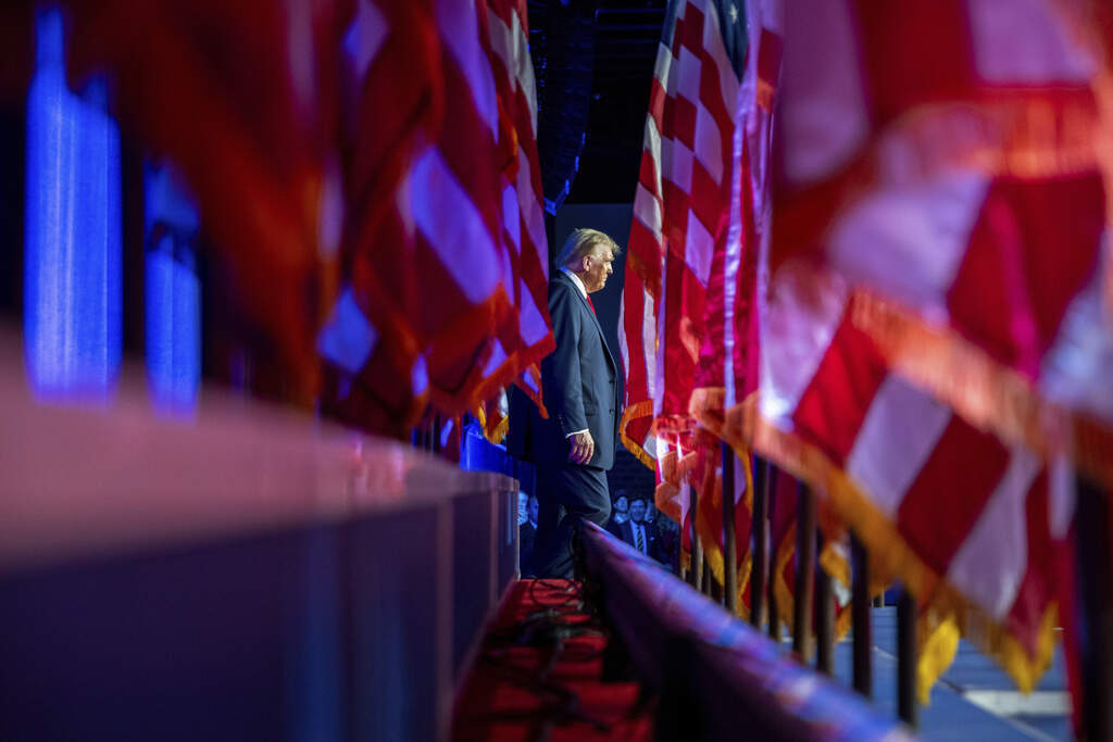 Republican President-elect Donald Trump arrives at the Palm Beach Convention Center, Wednesday, Nov. 6, 2024, in West Palm Beach, Fla. (AP Photo/Julia Demaree Nikhinson)