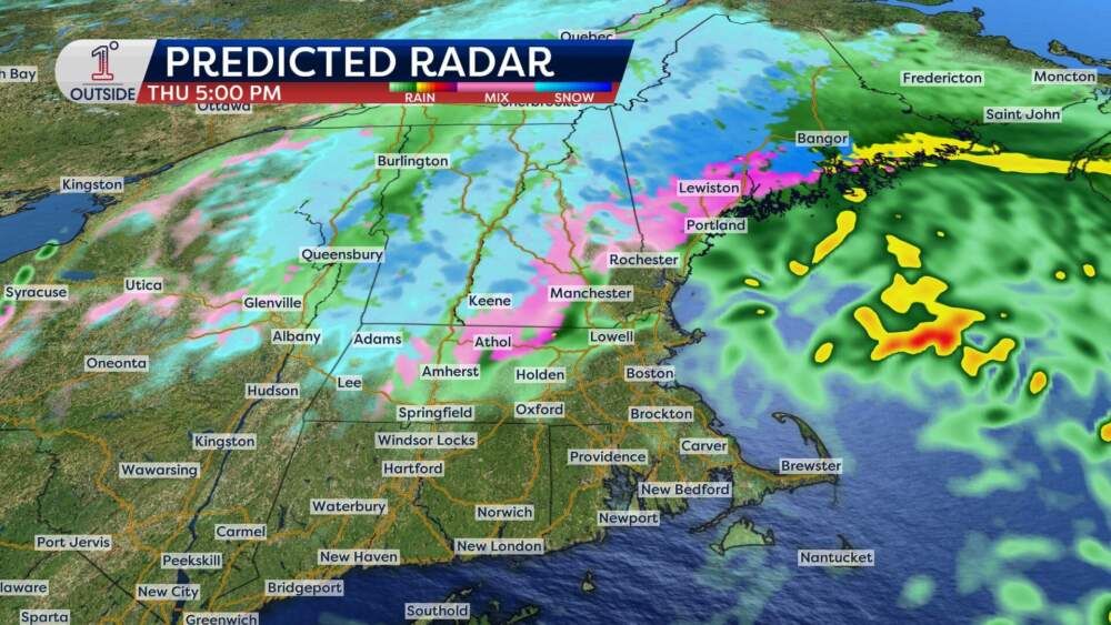 Snow projections for across southern New England Thursday evening. (Danielle Noyes/1°Outside)