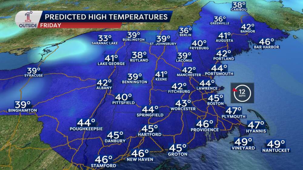 Predicted high temperatures for Friday, Nov. 29.(Danielle Noyes/1°Outside)