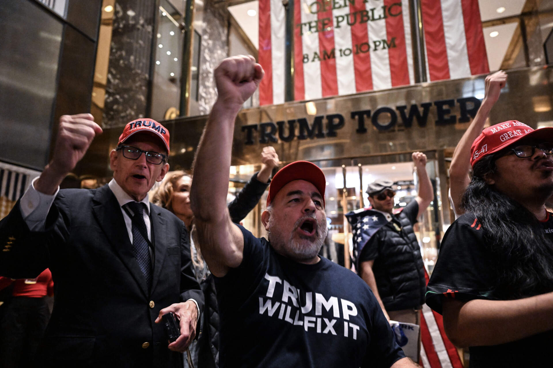 Trump supporters gather at Trump Tower to celebrate in Manhattan, New York, on Nov. 5, 2024. (Fatih Aktas/Anadolu via Getty Images)
