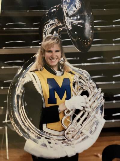 The author, a 1992 University of Michigan grad, with her tuba. (Courtesy Laura McTaggart)