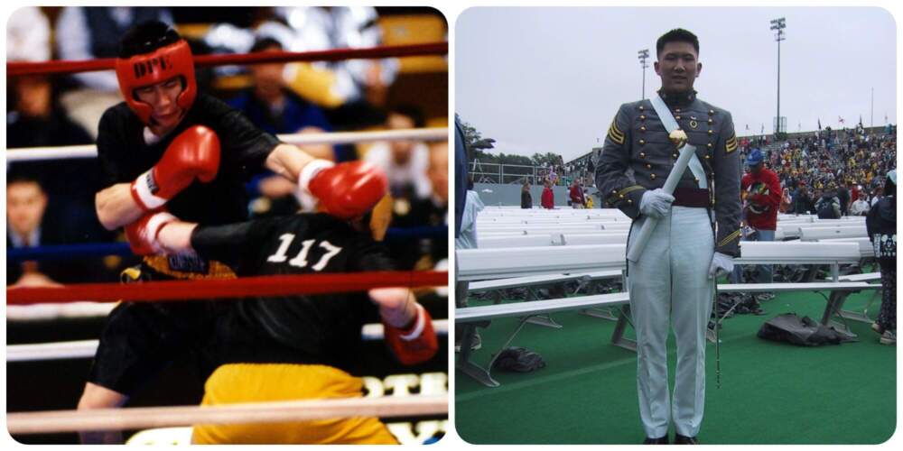 The author in the boxing ring as a cadet at West Point (left) and the author in uniform at the 2001 graduation from the United States Military Academy at West Point, described as "one of the happiest moments of my life" (correct). (Courtesy of Gene Yu)