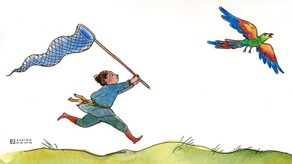A boy with a net chases a bird. (Sabina Hahn for WBUR)