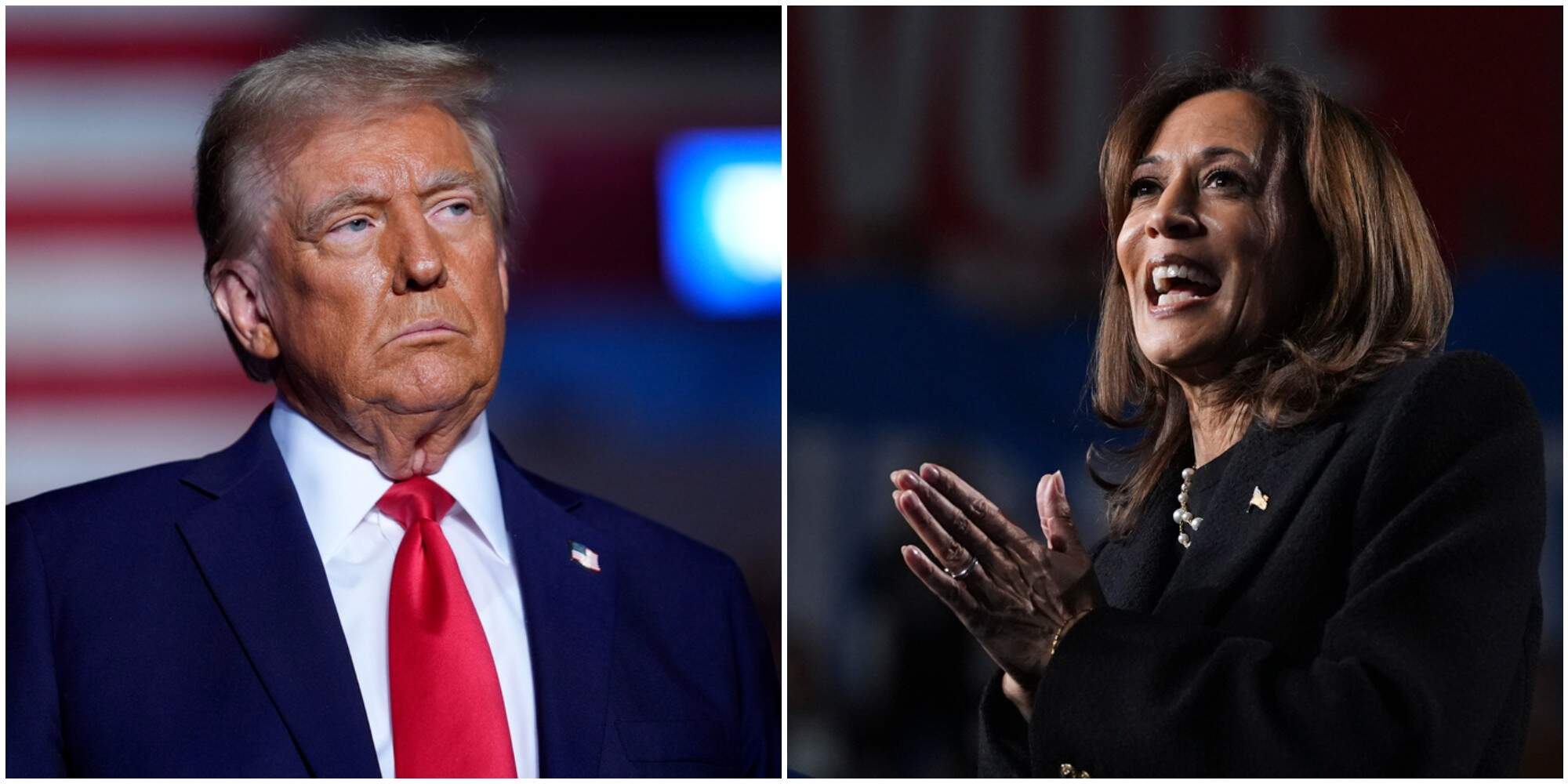 Former President Donald Trump listens during a campaign rally at Santander Arena, Monday, Nov. 4, 2024, in Reading, Pa. (Evan Vucci/AP) And Vice President Kamala Harris speaks during a campaign rally in Memorial Hall at Muhlenberg College in Allentown, Pa., Monday, Nov. 4, 2024. (Jacquelyn Martin/AP)
