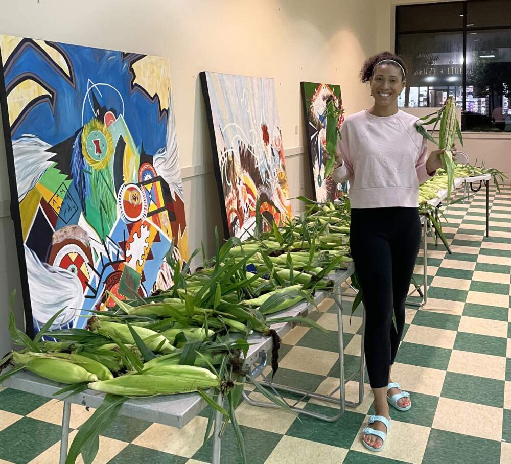 Danielle Hill Greendeer with ears of King Philip corn. (Courtesy Lauren Peters)