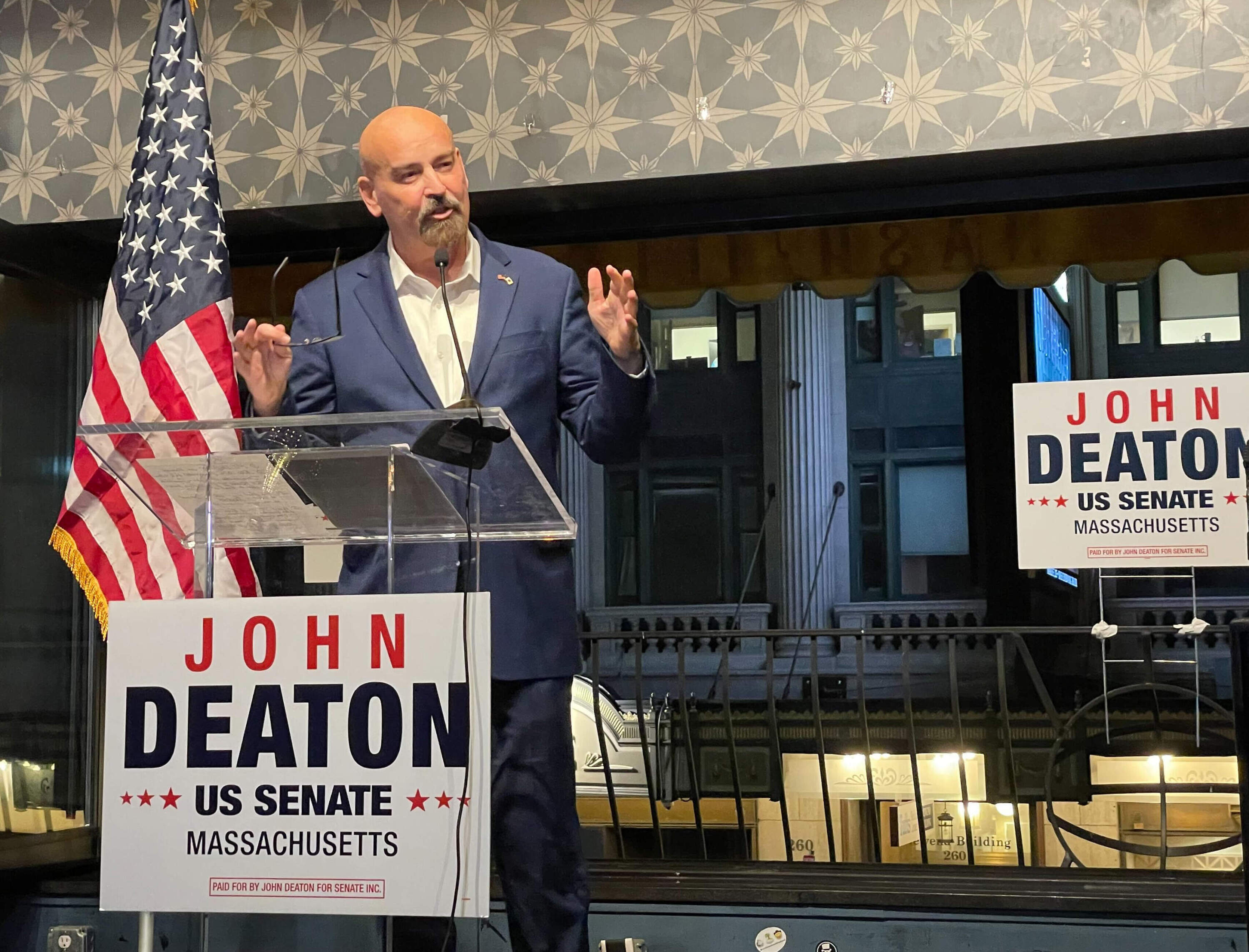 John Deaton speaks to his supporters in Boston on election night after he concedes to U.S. Sen. Elizabeth Warren. (Wilder Fleming/WBUR)