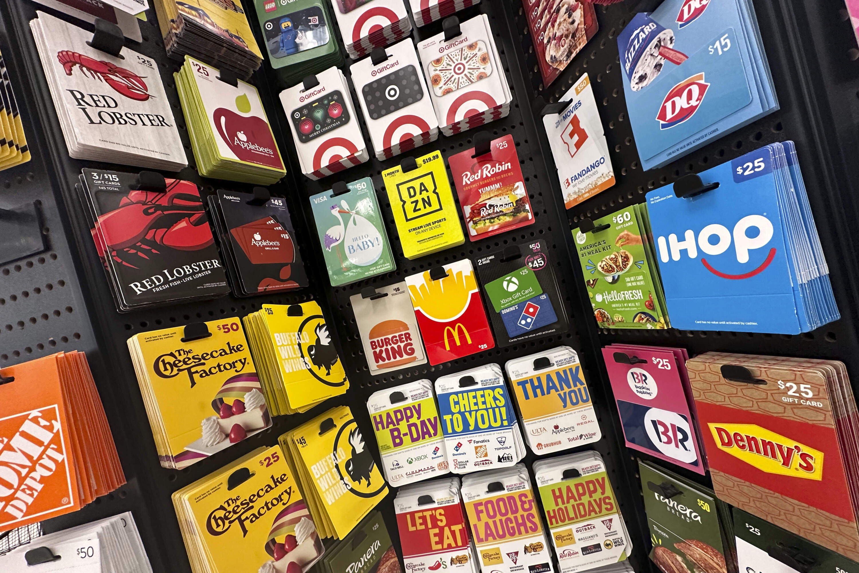 Gift cards are displayed at a Target store in New York on Dec. 21, 2023. (Richard Drew/AP)