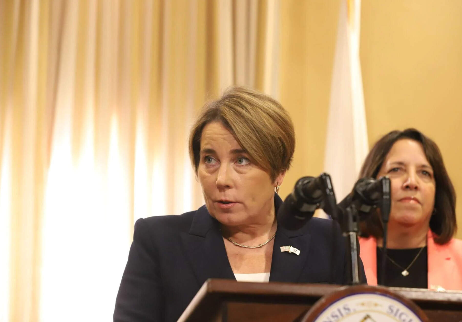 Gov. Maura Healey talks to reporters the day after Election Day 2024. Lt. Gov. Kim Driscoll stands behind her. (Alison Kuznitz/SHNS)