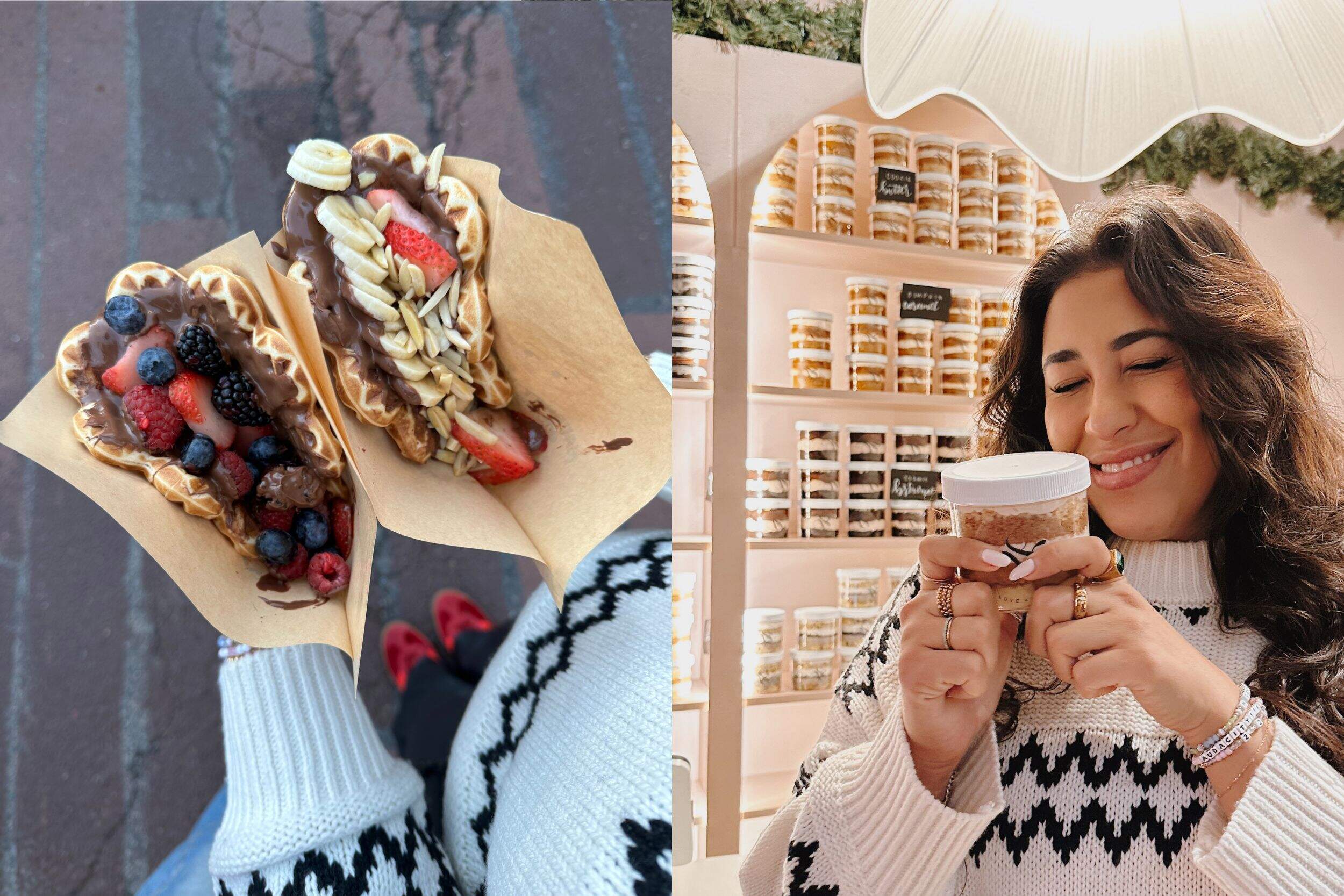 Fresh waffles from Naughty Waffle Co. (left) and cake jars from Love&Flour (right). (Photo courtesy of Marwa Osman)