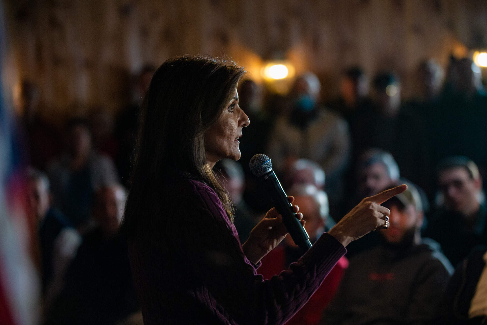 Republican presidential candidate and former U.N. Ambassador Nikki Haley speaks during a campaign event at the Alpine Grove Event Center in Hollis, NH. (Jesse Costa/WBUR)