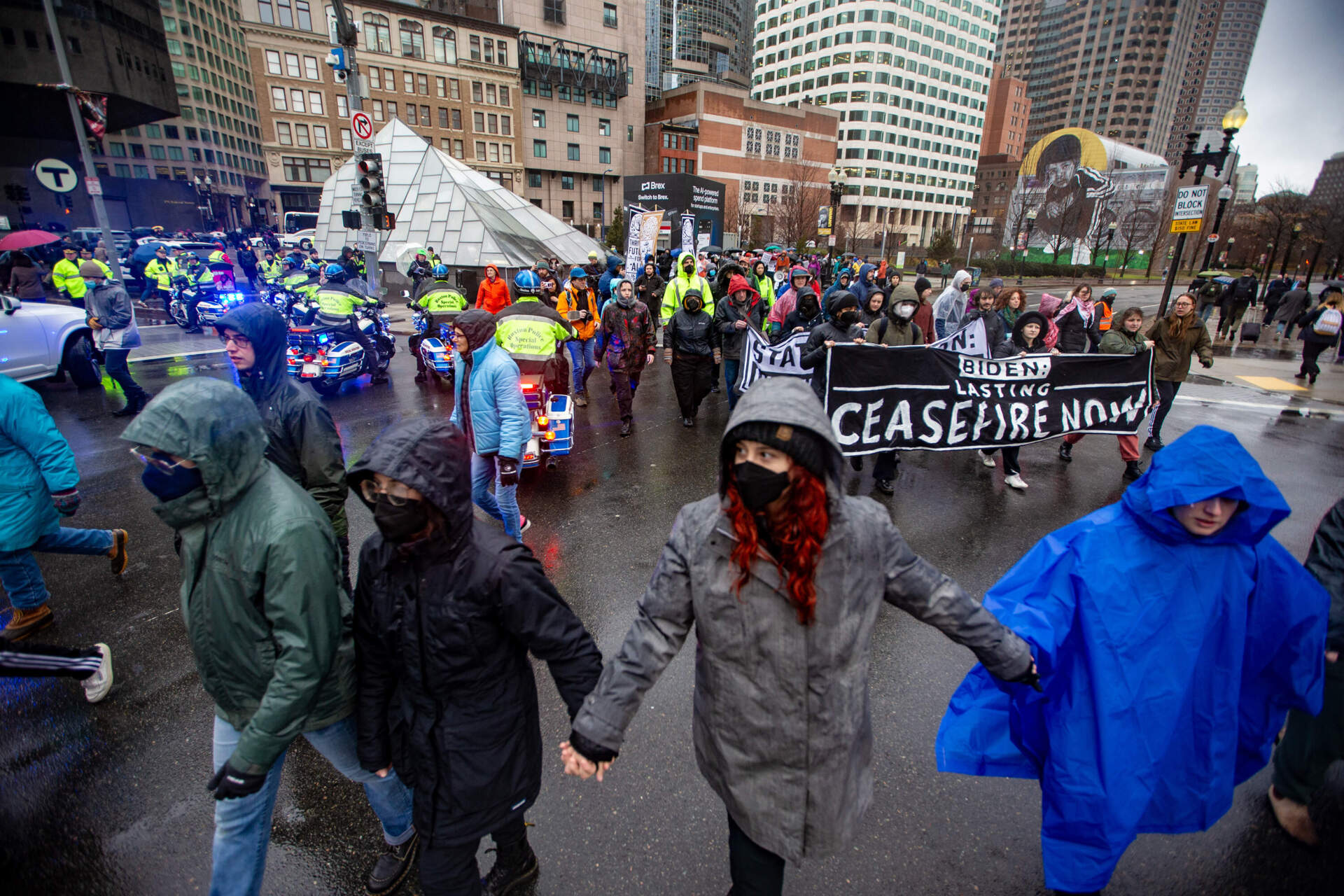 Protestors organized by IfNotNow move out onto the intersection of Summer Street and Atlantic Avenue to block traffic in an act of disruptive civil disobedience to protest the situation in Gaza ahead of Joe Biden’s State of the Union speech tonight. (