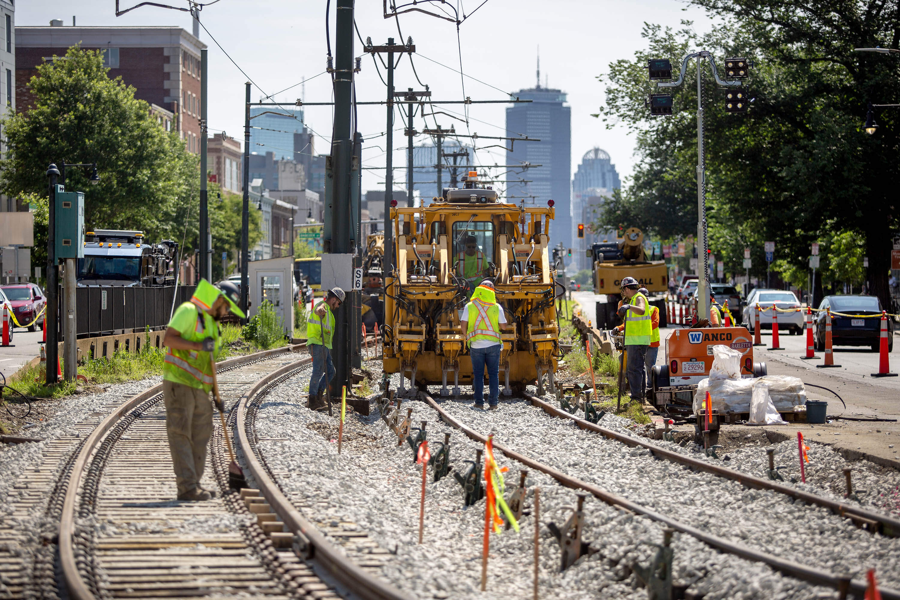 MBTA workers replace track on the Green Line at Packards Corner in 2023. (Robin Lubbock/WBUR)