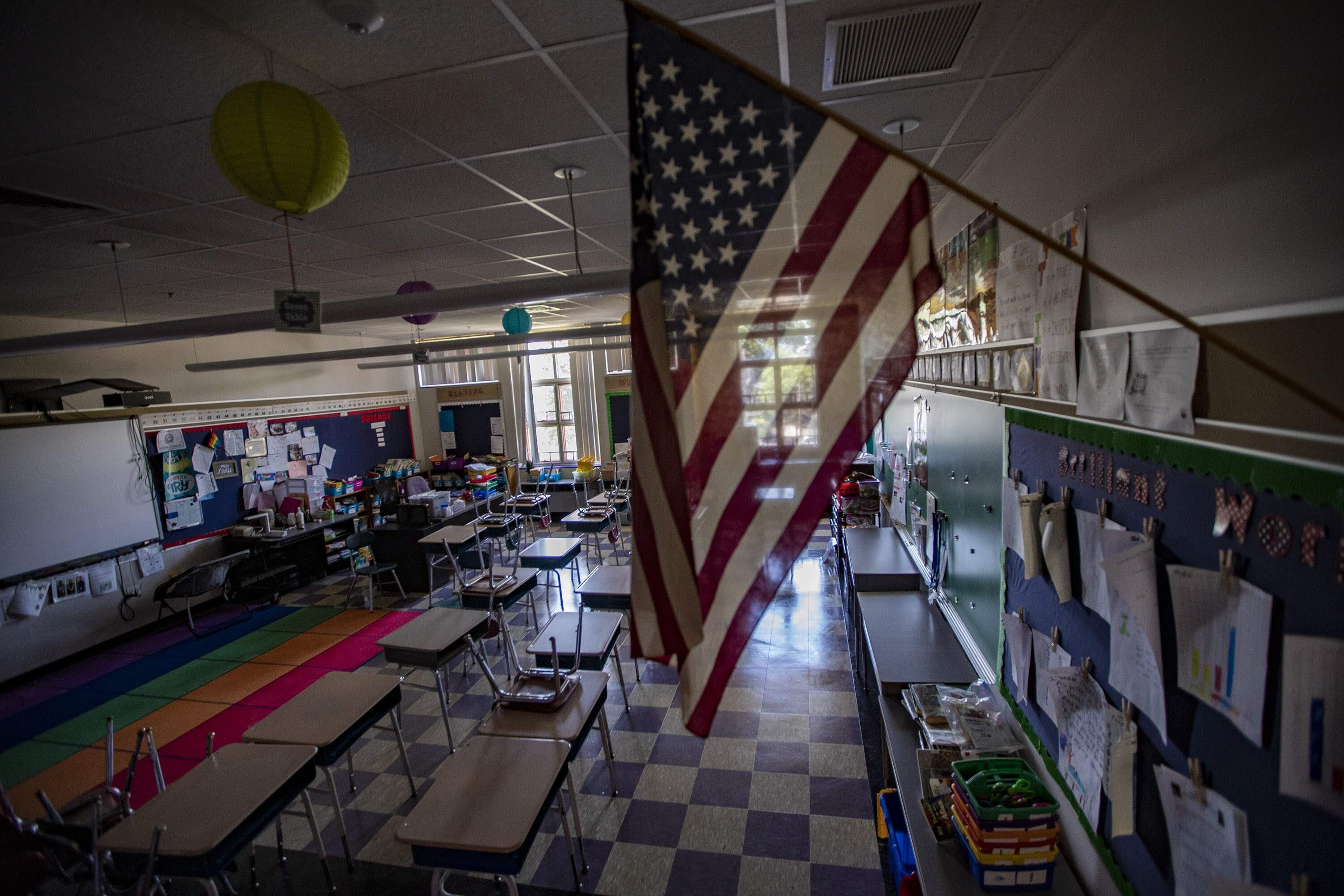 An empty school room at West Somerville Neighborhood School. (Jesse Costa/WBUR)