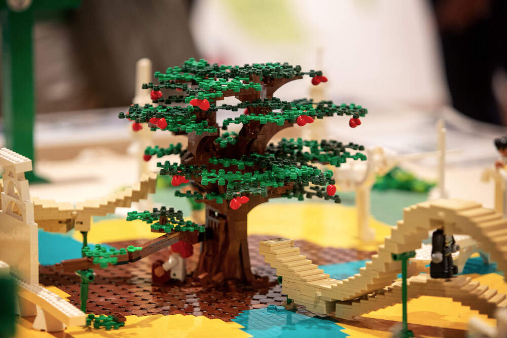 The Lego apple tree at the center of The Community Grafting Project exhibition at Gallery 344 in Cambridge. (Robin Lubbock/WBUR)
