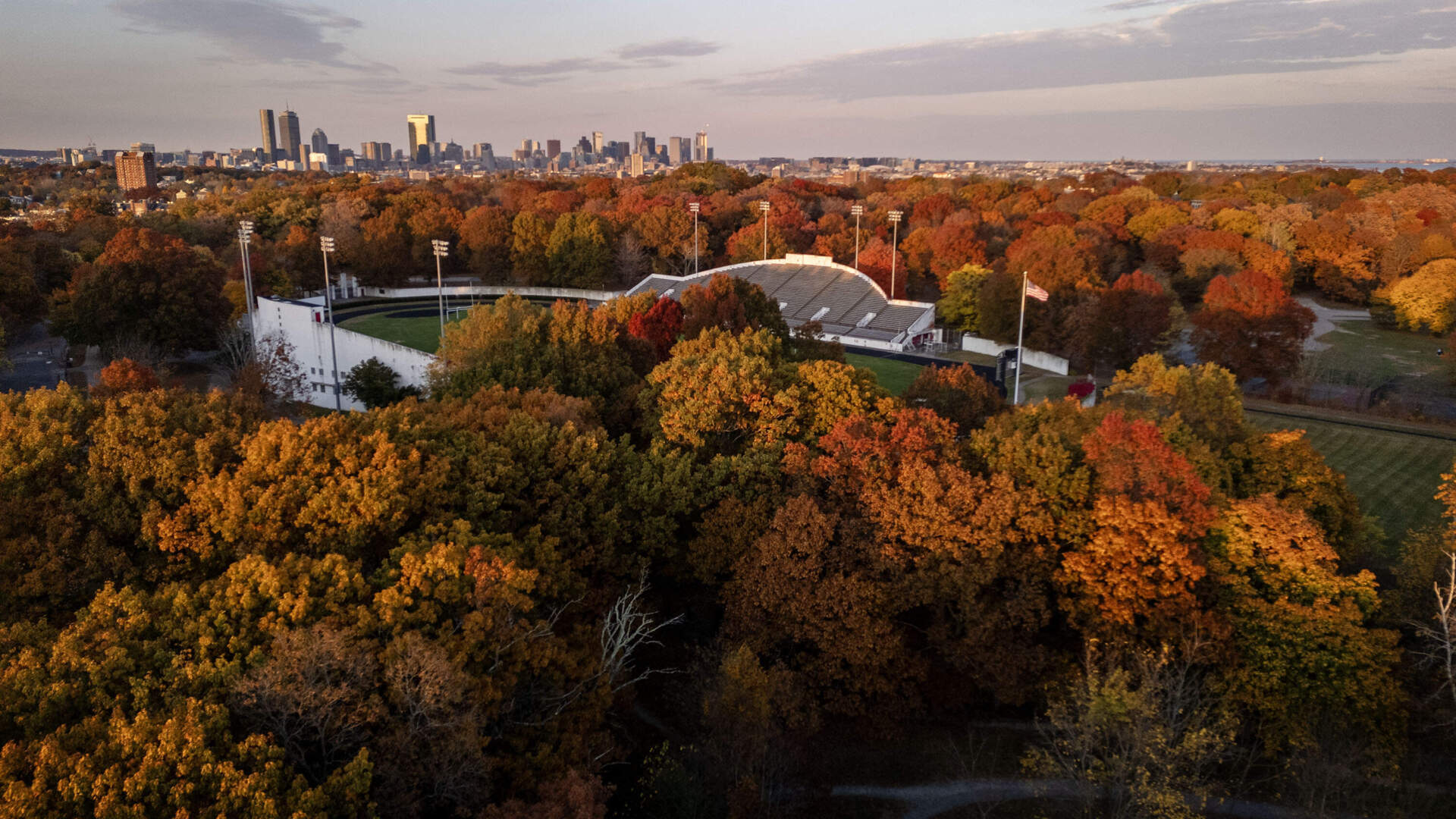 Looking across Boston's Franklin Park towards the city on a fall evening.
