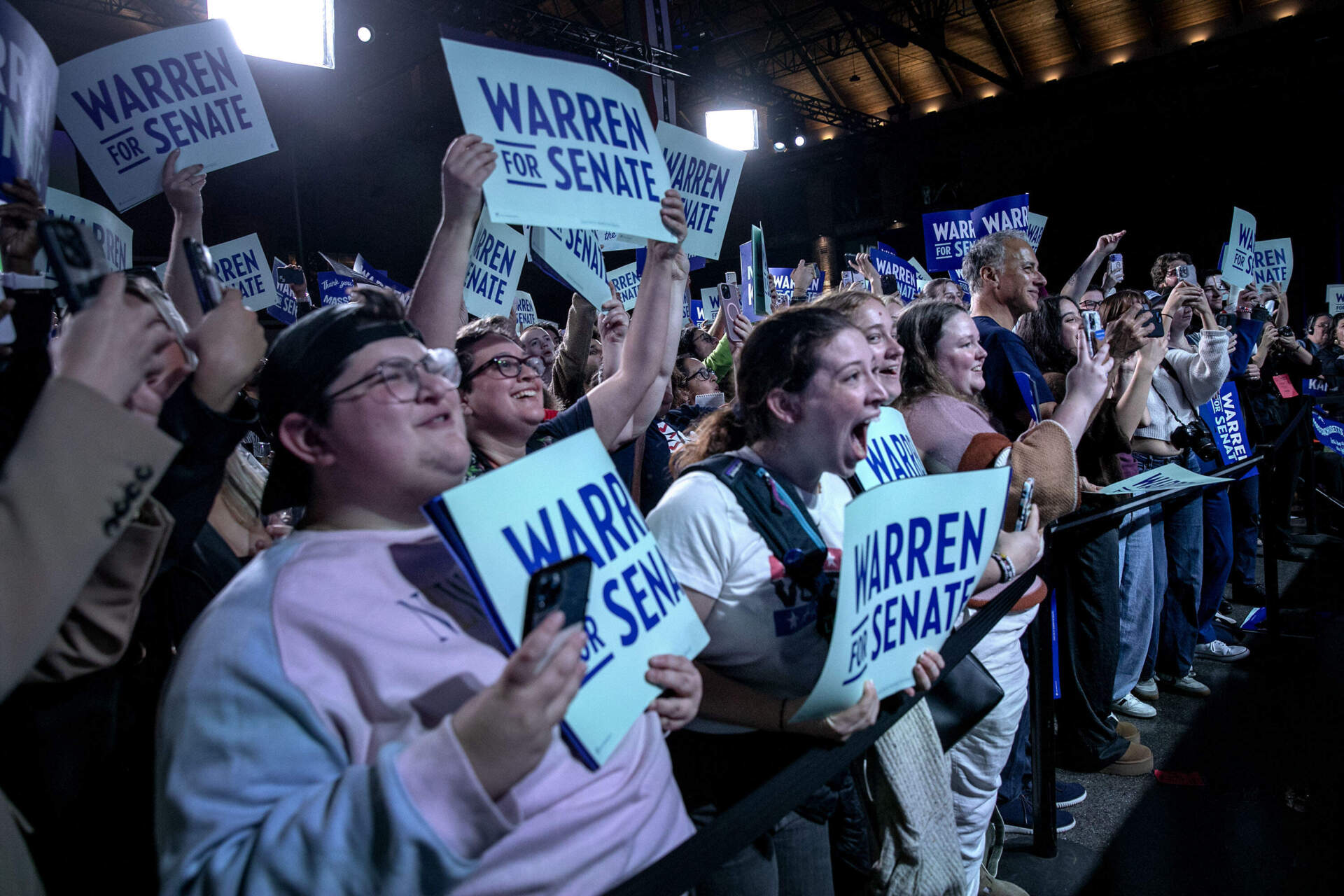 Massachusetts Democrats cheer for Senator Elizabeth Warren at the election day evening party in Boston.