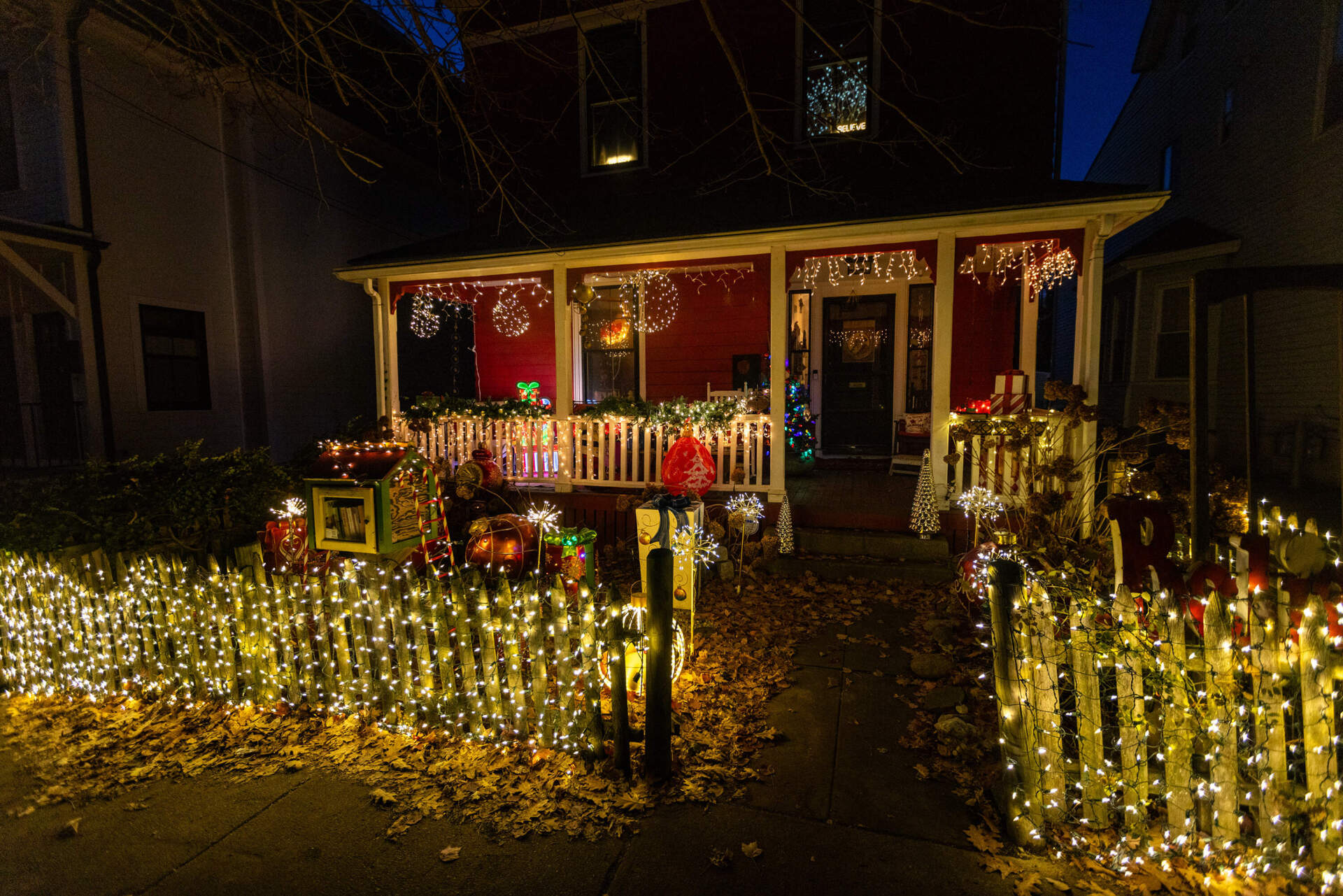 A holiday display of lights at 14 Putnam Street in Somerville. (Jesse Costa/WBUR)