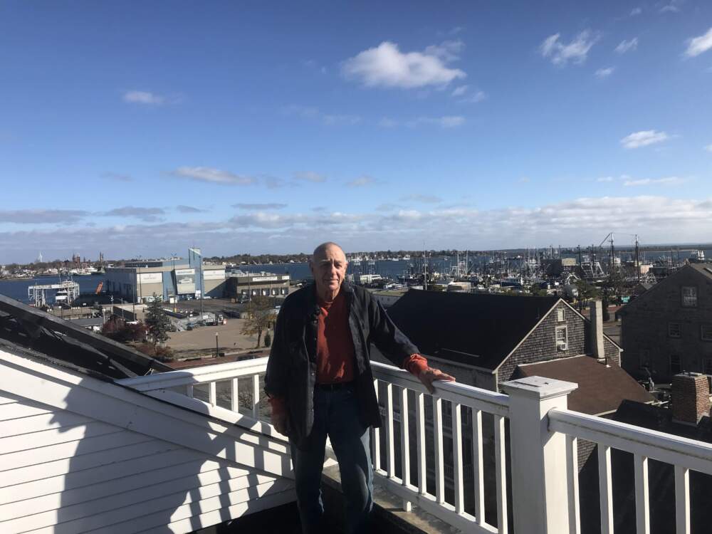 Neal Weiss on the same deck where the concept for the label was hatched in 1999. (Noah Schaffer for WBUR)